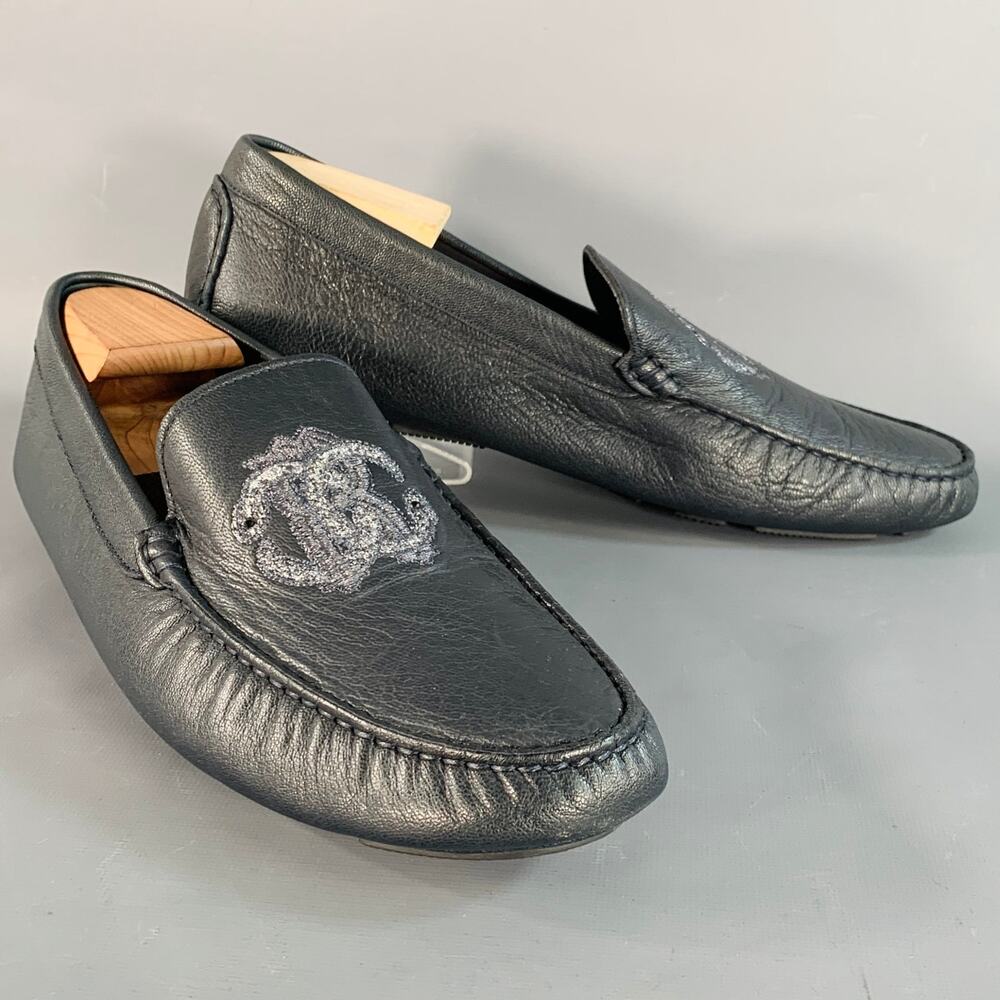 ROBERTO CAVALLI Size 11.5 Navy Silver Logo Embroidery Leather Drivers Loafers